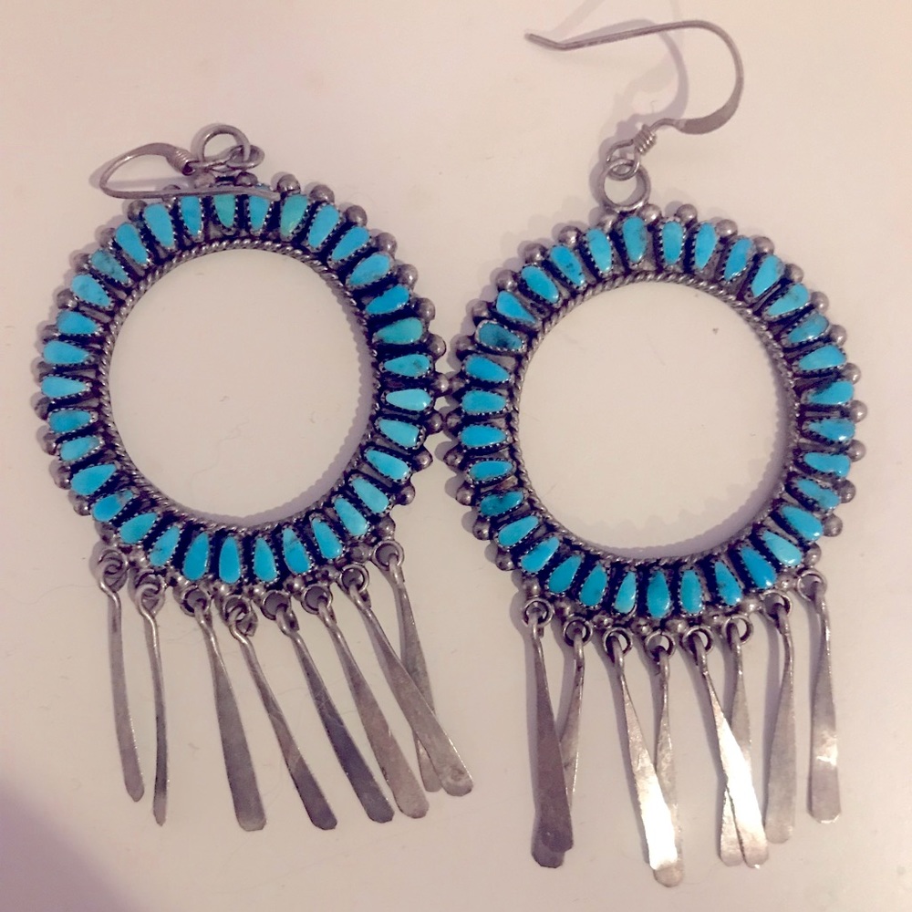 Oxidized sterling silver turquoise inlay earrings.